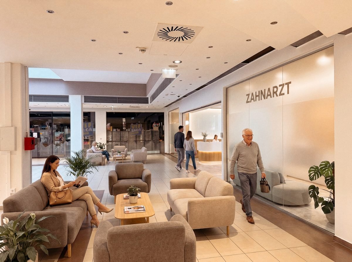 Visualisierung eines Empfangsbereichs mit Wartezone und Ordination im Porcia MedCenter in Spittal an der Drau